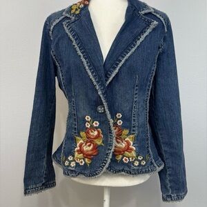 Kikit Jeans Blazer Womens XL Blue Denim Floral Embroidered Frayed Raw Edge Boho.